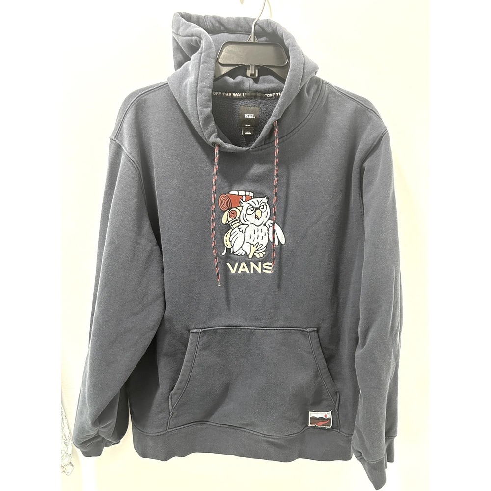 Vans Off The Wall Mens Navy Blue Owl Hiking Backpack Graphic Hoodie Large